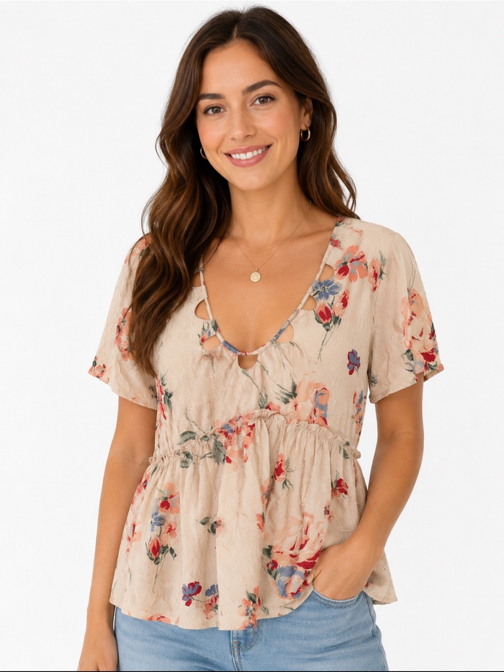 Lucky Brand Floral Beige V-Neck Babydoll Top Size Small